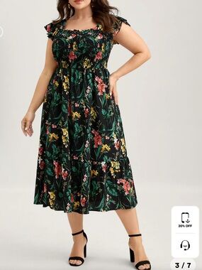 BloomChic Black Floral Smocked Midi Dress